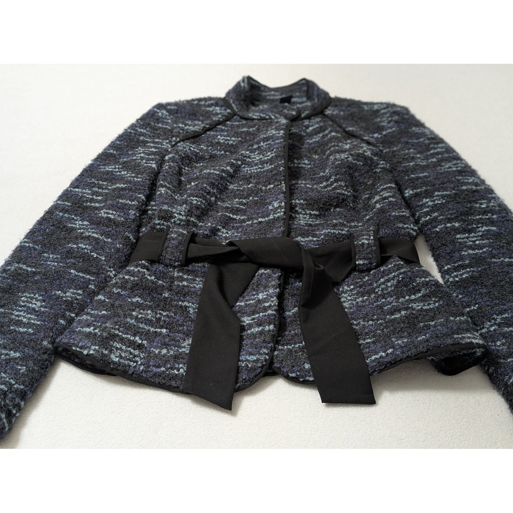 SANDRO Jacket Blazer Size L Tweed Boucle Fill Zip High Neck Tie Waist